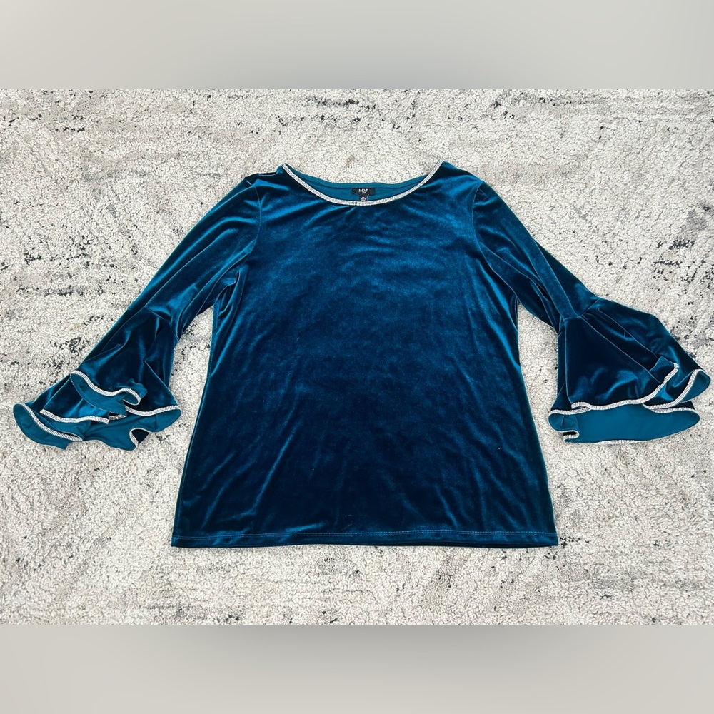 MSK Blue Ruffled Blouse with 3/4 Sleeves with Rhinestones Women Size XL